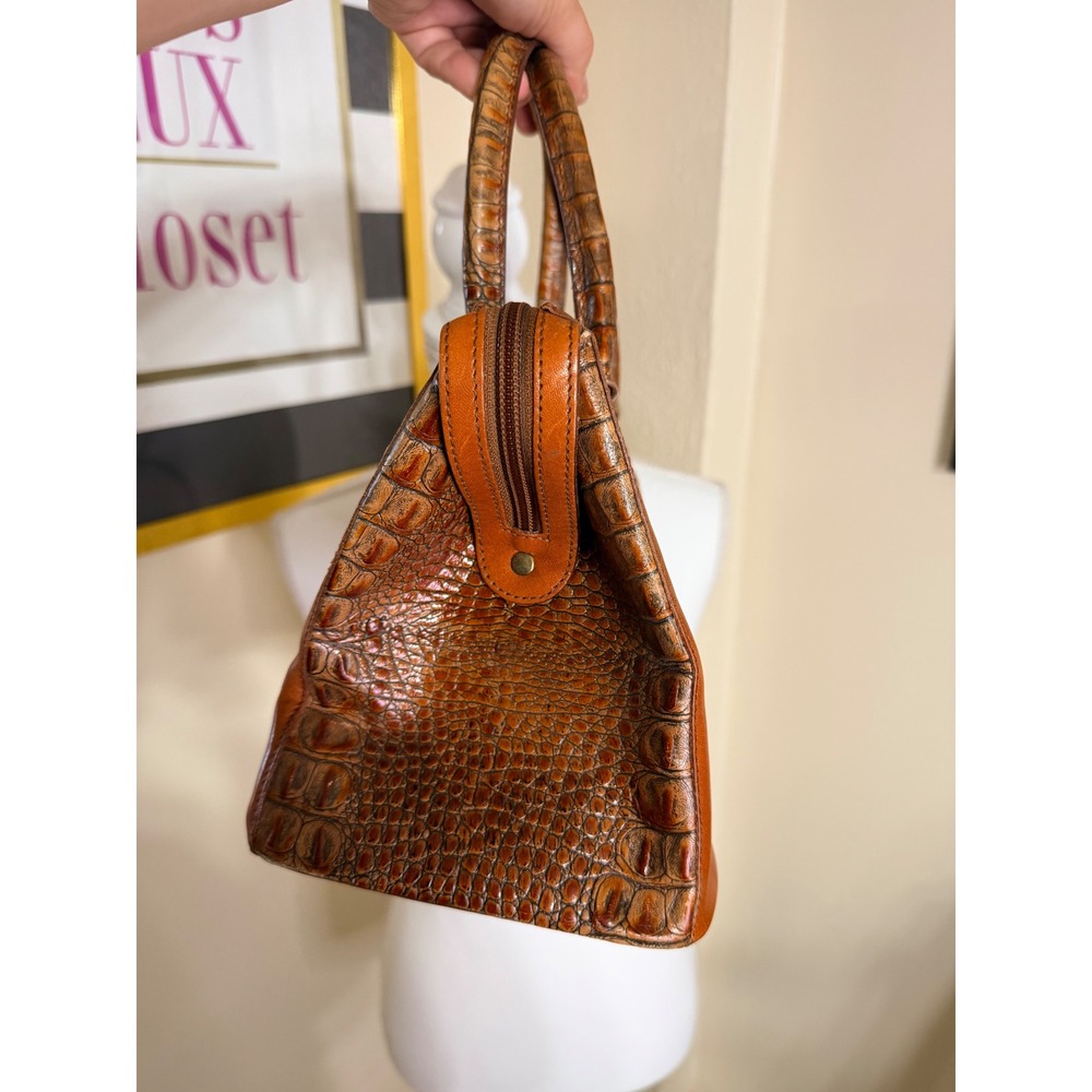 Brahmin Cognac Brown Leather Crocodile Embossed Satchel Handbag Zip Top Purse - Picture 5 of 6